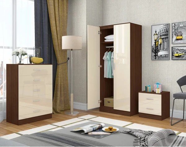 Mirrored Door 3-Piece Wardrobe Set in Walnut