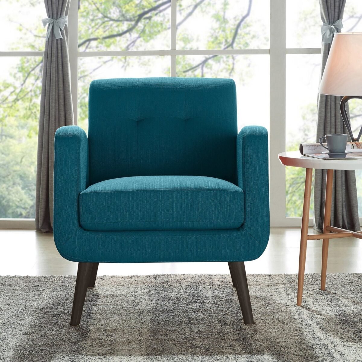 Mid-century Peacock Blue Linen Arm Chair