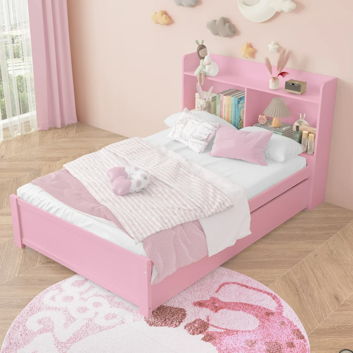 Kids Platform Pull Out Trundle Solid Bed