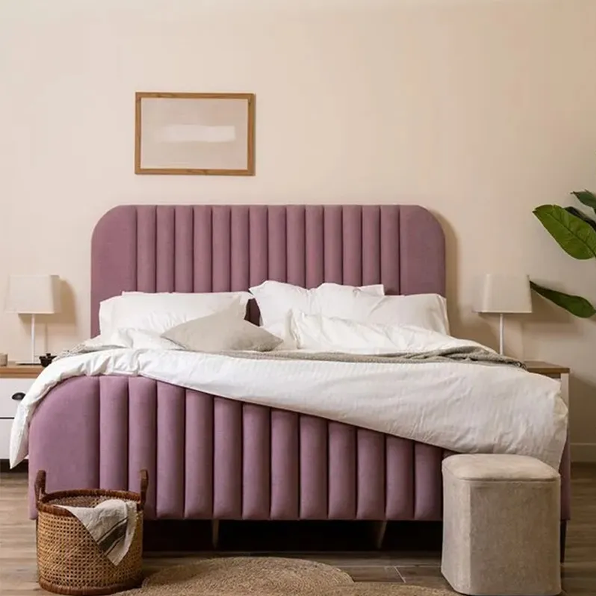 Lined Modern Headboard Bed in Velvet